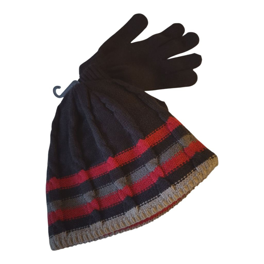 Boys Reversible Beanie & Gloves Black Red Set